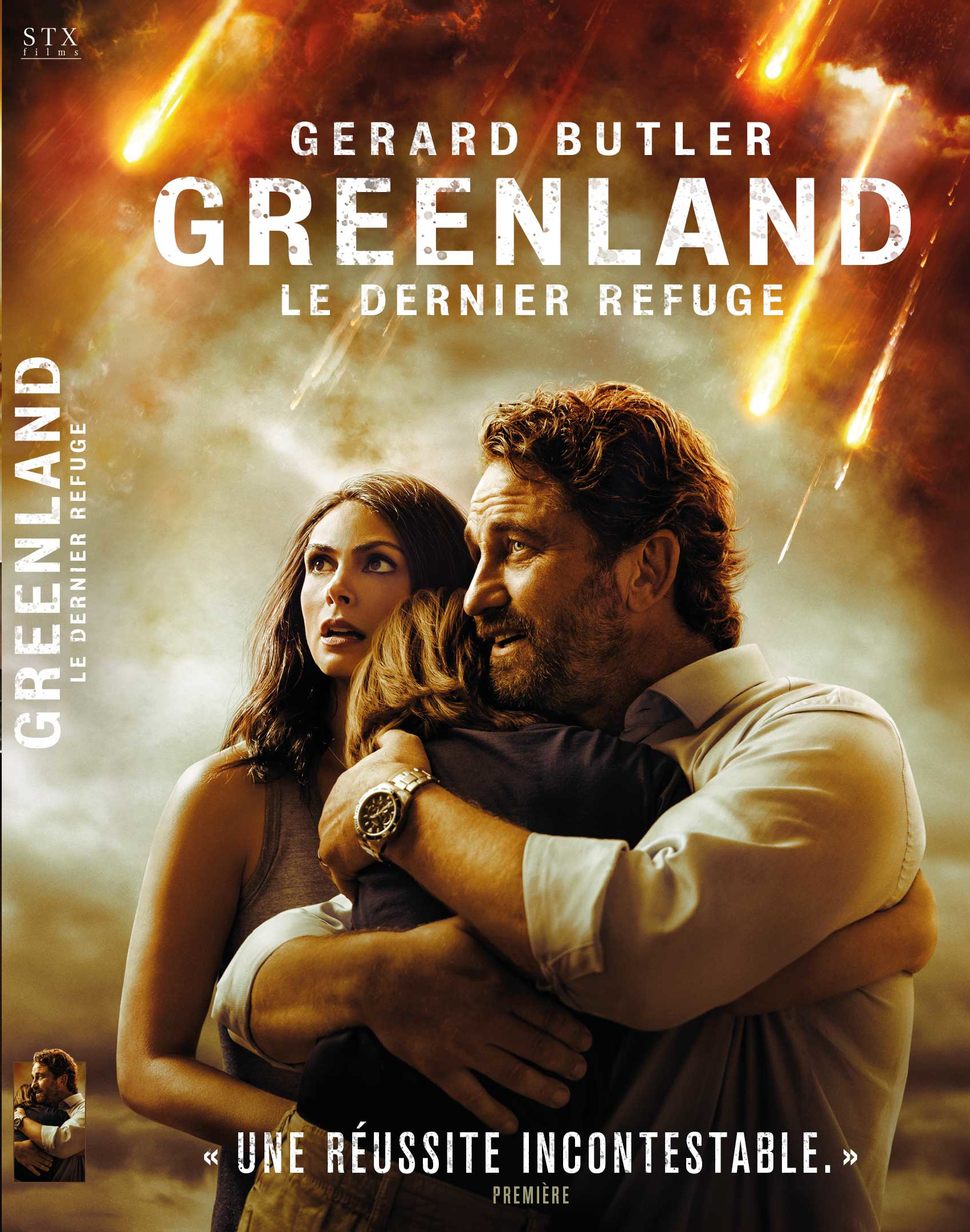 Couverture de film. Homme et femme étreignent enfant, fond de pluie de météores. Greenland.