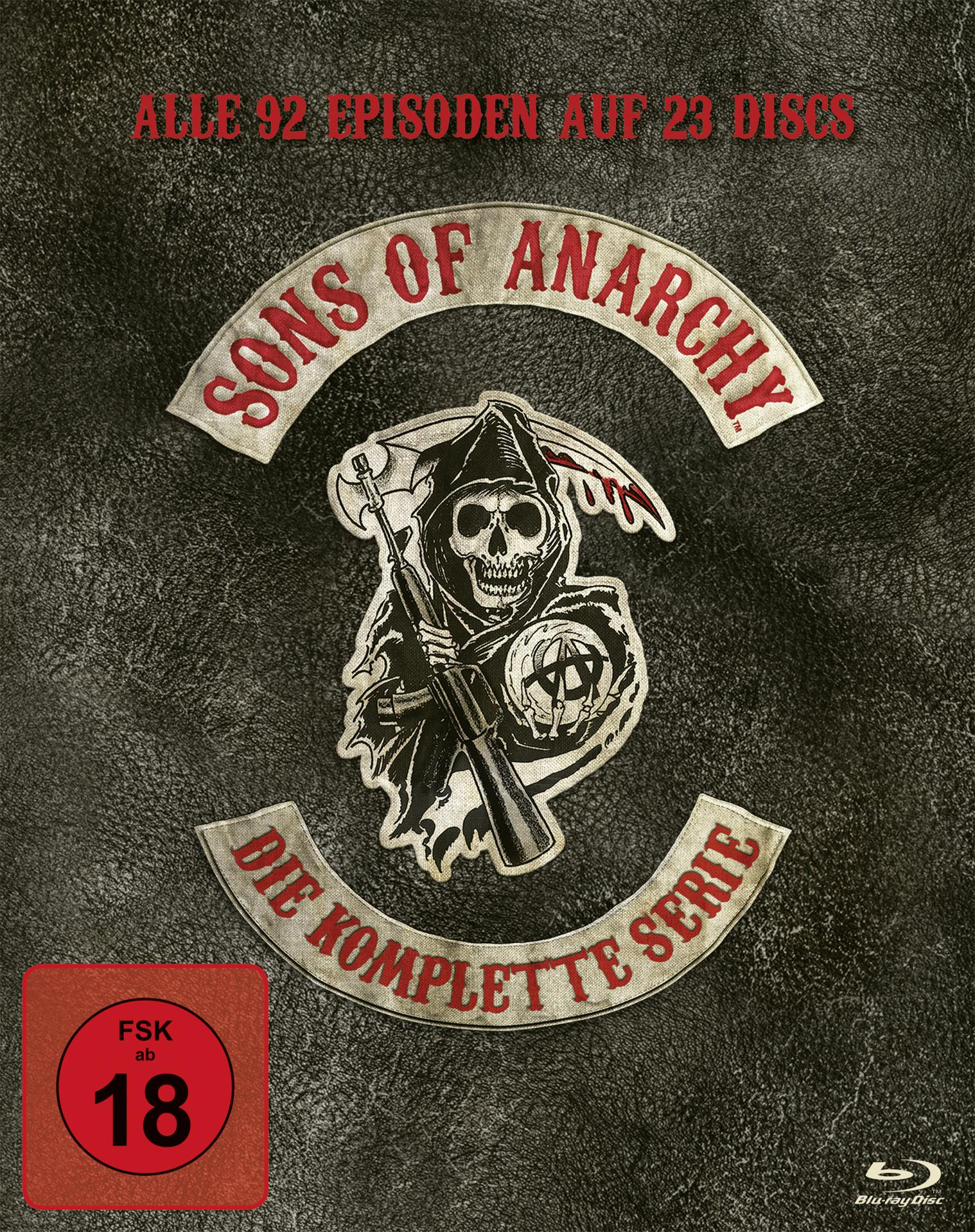 DVD-Cover für 'Sons of Anarchy'. Totenkopf mit Gewehr, Logo. Lederhintergrund.