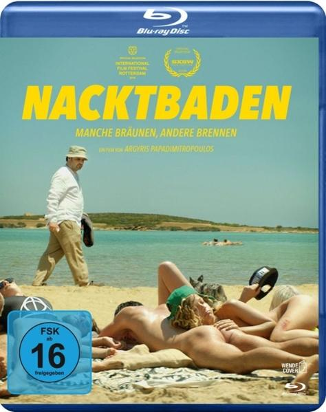 Filmcover mit Leuten am Strand, Text 'Nacktbaden'.