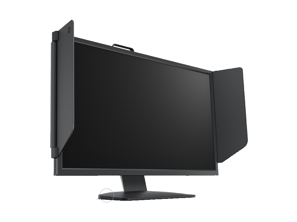 Un monitor negro con capota, vista lateral.