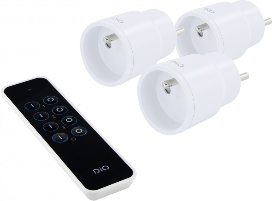 Three white smart plugs and a remote control on a white surface. DIO brand is visible.