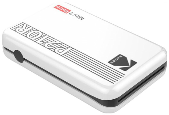 Wit rechthoekig apparaat met zwarte rand, met het label P210R Mini 2 Retro, en een Kodak-logo.