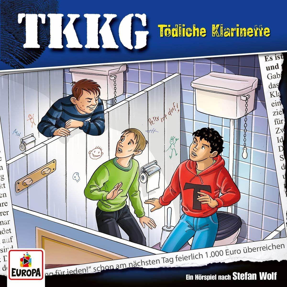 TKKG-Buchcover. Drei Jungen in einem Badezimmer, schauen Graffiti an. Text: Tödliche Klarinette.