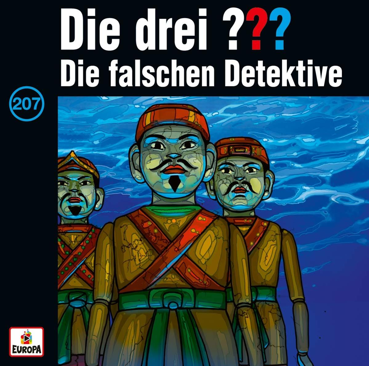 Buchcover: drei puppenartige Holzfiguren. Titel: Die drei ??? Die falschen Detektive.