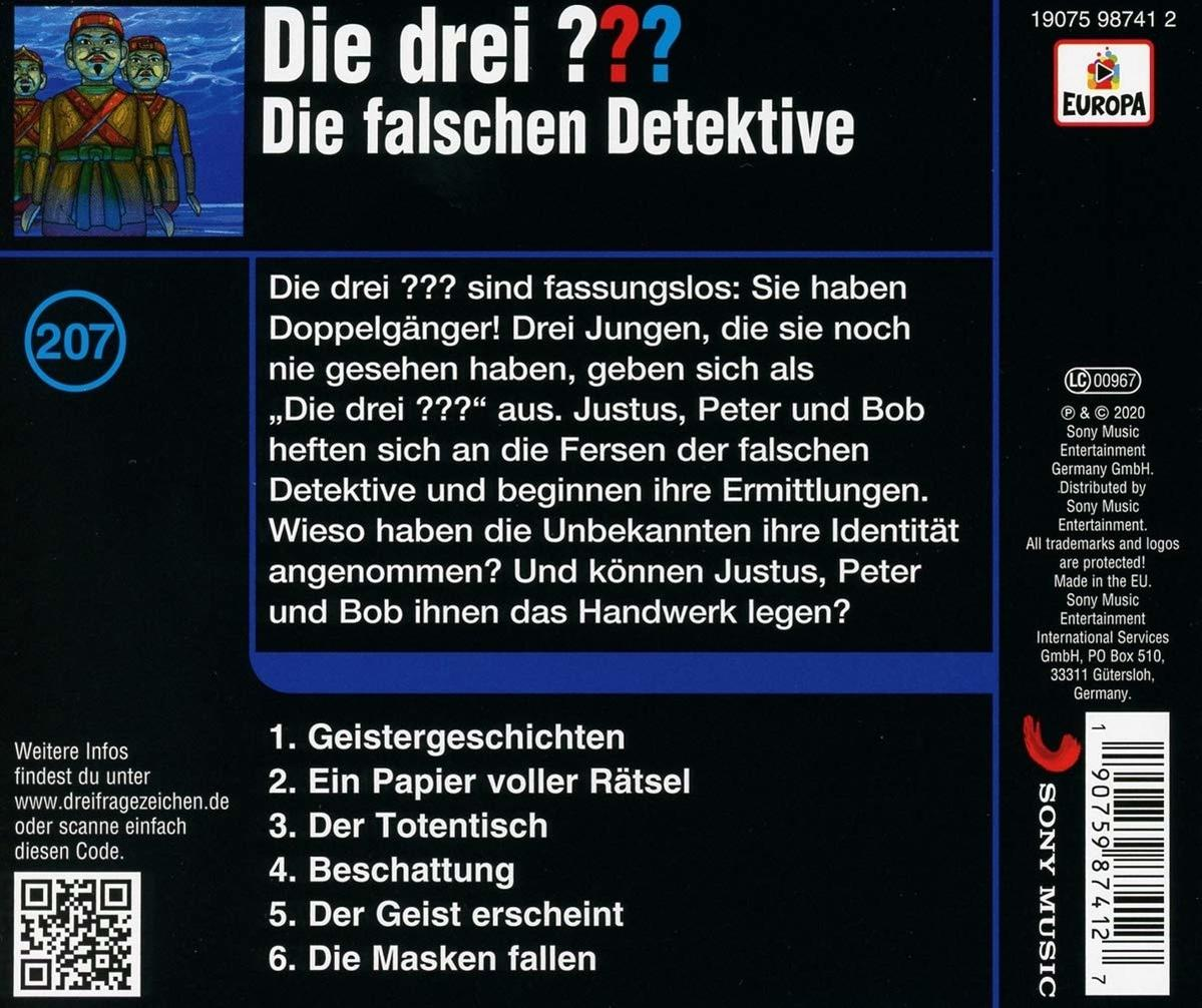 Buchcover mit Text: "Die drei ??? Die falschen Detektive", Text und Bilder.