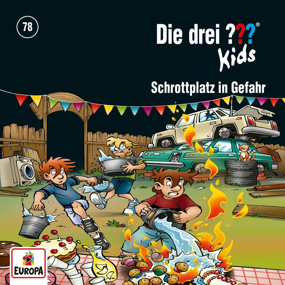 Comic-Cover: Drei Kinder, Wasser und Feuer auf einem Schrottplatz. Titel: Die drei ??? Kids.