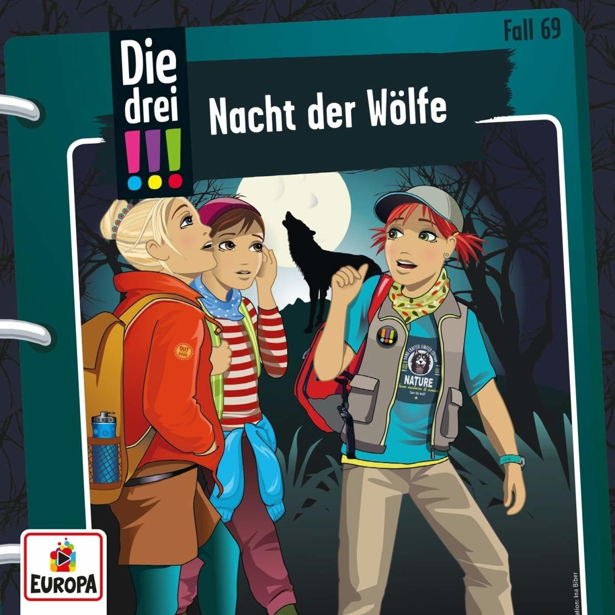 Drei Mädchen betrachten einen Wolf unter einem Vollmond. Der Titel lautet "Nacht der Wölfe".