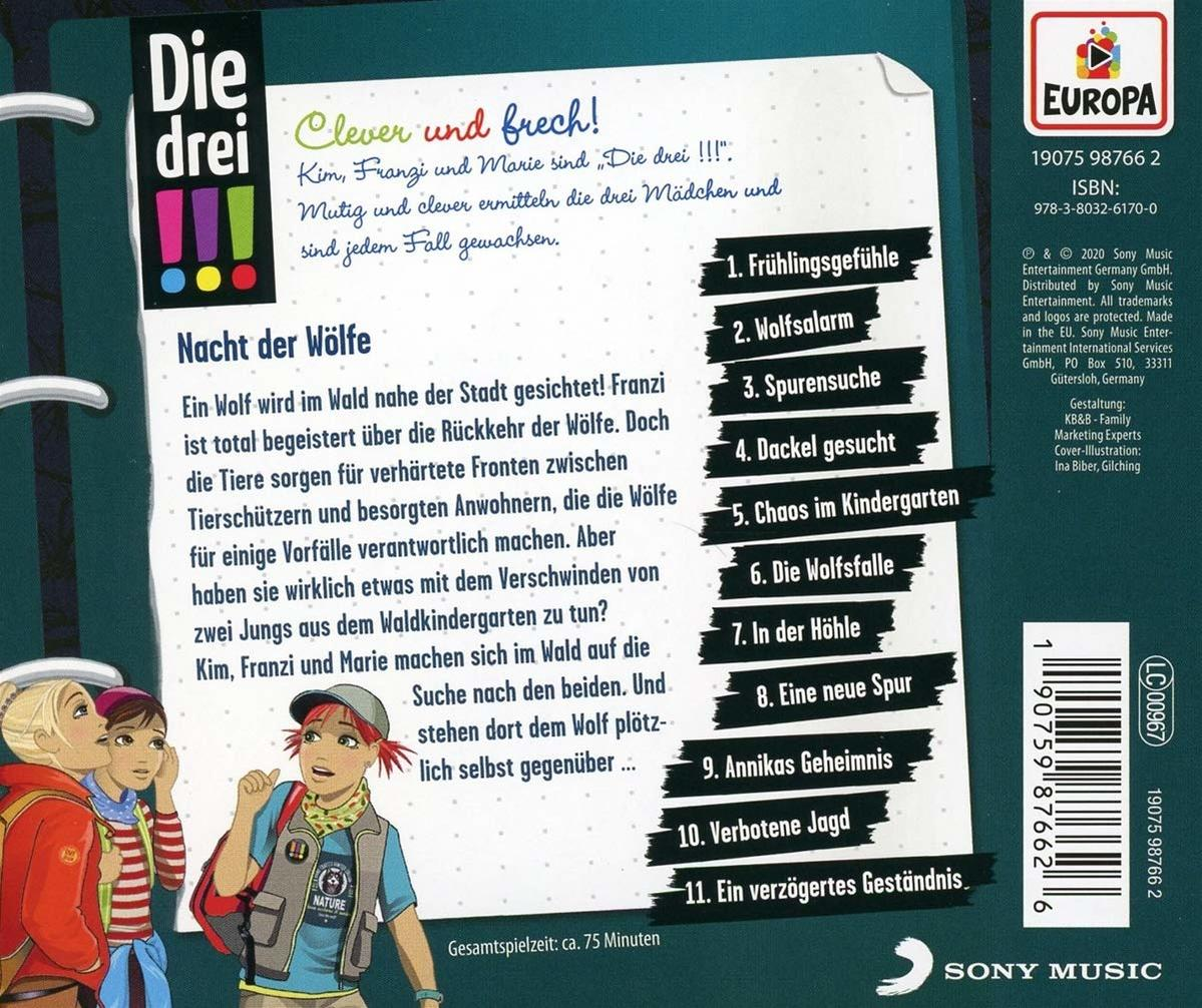 CD-Hülle für ein Kinderbuch. Zeigt drei Kinder und einen Wolf. Weißer Hintergrund.