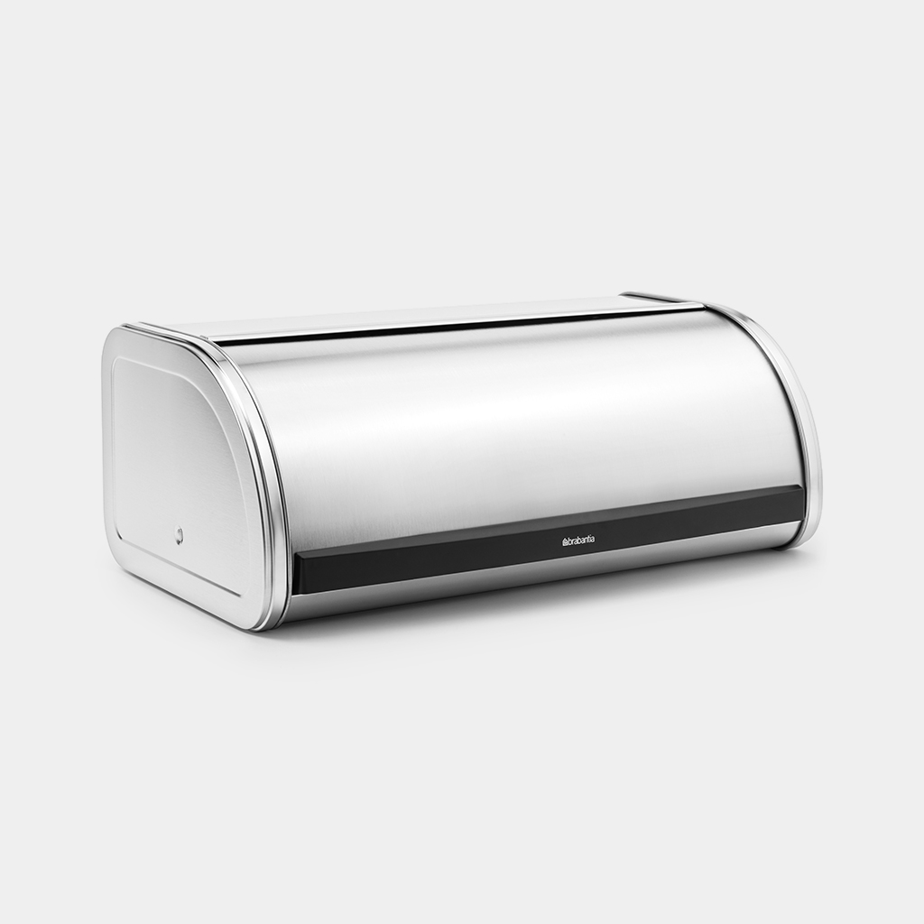 Une boîte à pain brillante en acier inoxydable avec un design incurvé.
