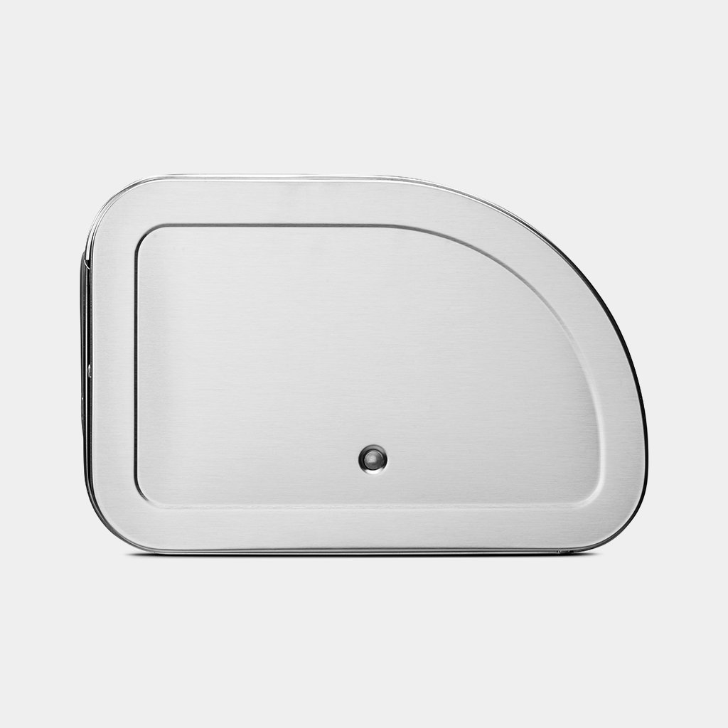 Boîte à pain incurvée argentée, design moderne, avec un bouton.