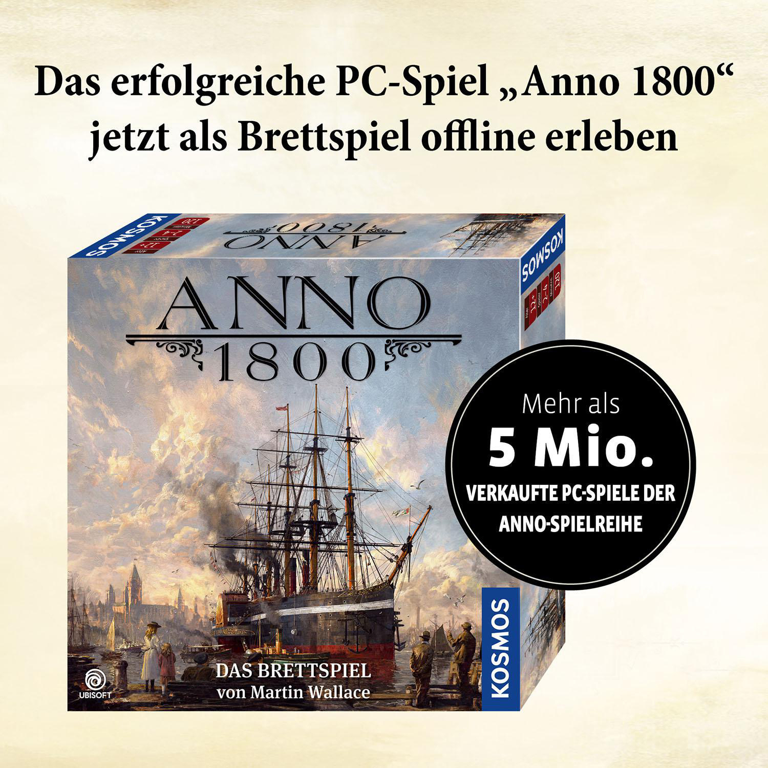 Schachtelkunst für das Brettspiel 'Anno 1800'. Ein Schiff ist auf dem Wasser mit Leuten am Ufer.