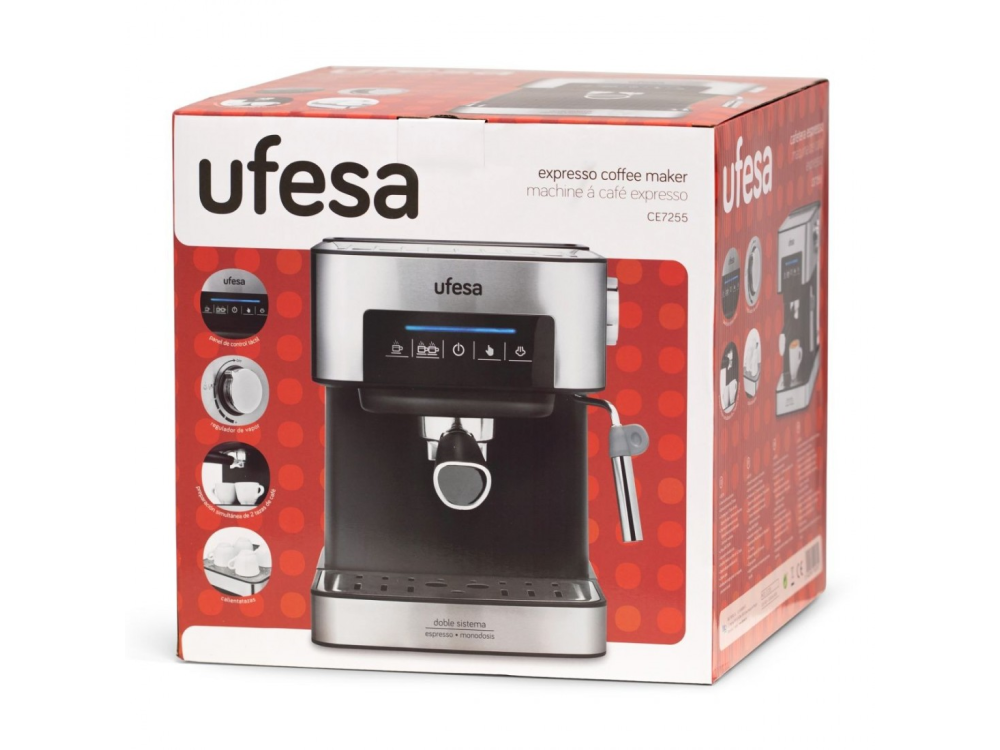 Cafetera express - Ufesa CE7255, 20 bar, 850 W, Agua extraíble 1.6 l, Vaporizador, Portafiltro metálico, Gris