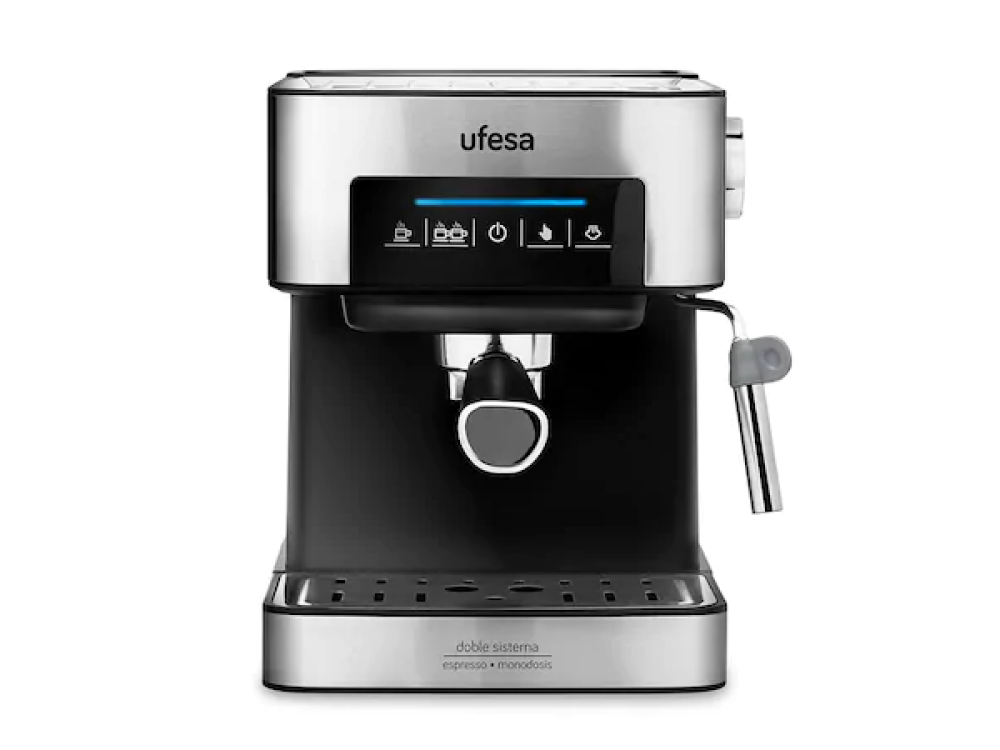 Máquina de espresso con base negra, cuerpo plateado y múltiples iconos.