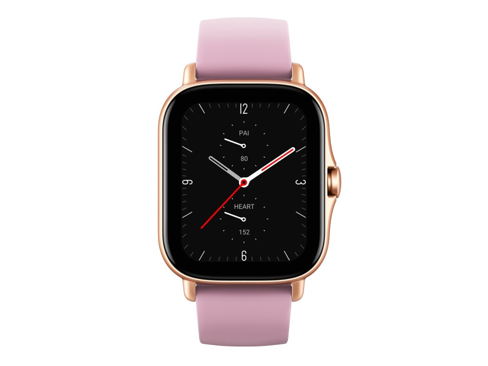 Un reloj inteligente rosa con caja dorada y pantalla negra.