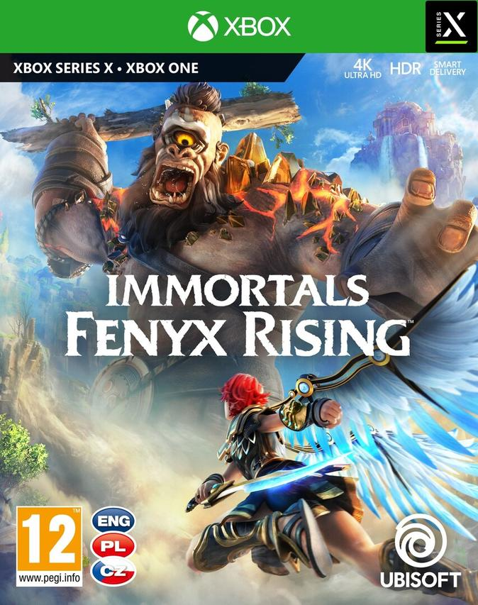 Xbox játékborító: Immortals Fenyx Rising. Egy óriás, egy harcos és egy fantasy táj.