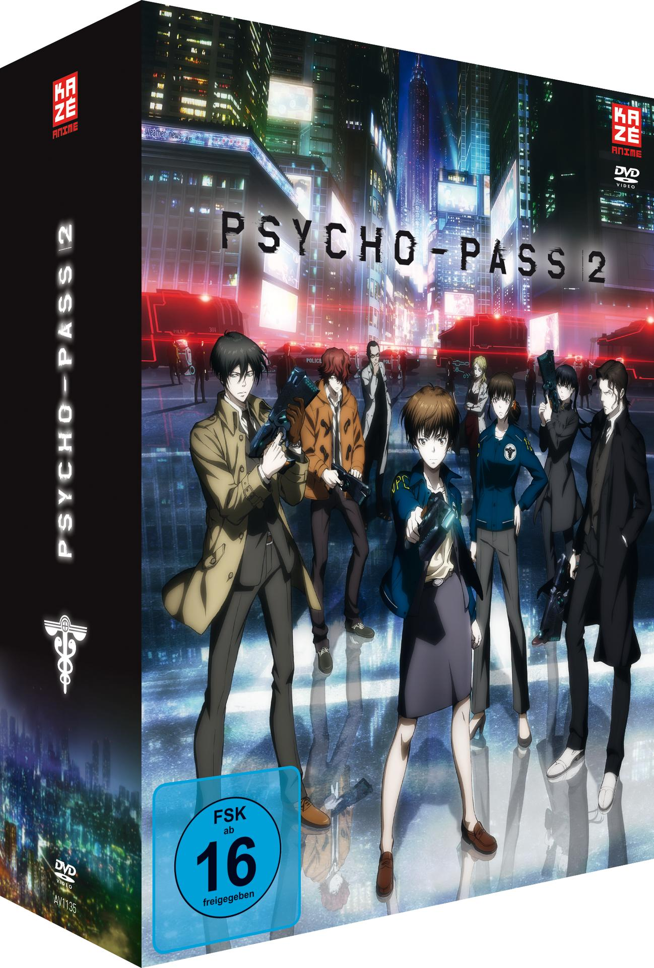 DVD-Box-Set mit Anime-Charakteren. Enthält den Titel Psycho-Pass 2. Nachtstadt-Hintergrund.