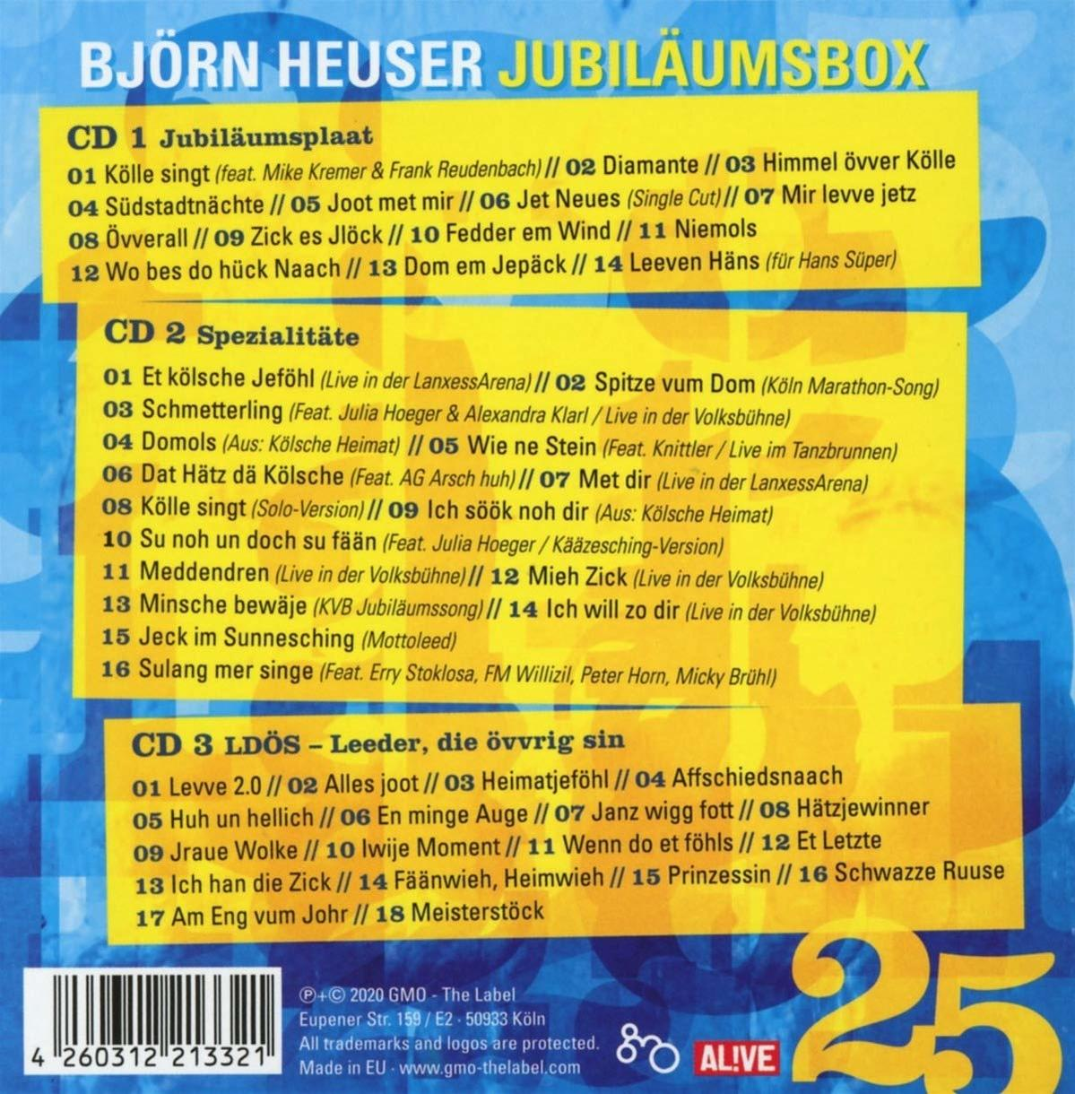 CD-Cover mit Titelliste der Band "Björn Heuser Jubiläumsbox" mit einer Liste von Songs.