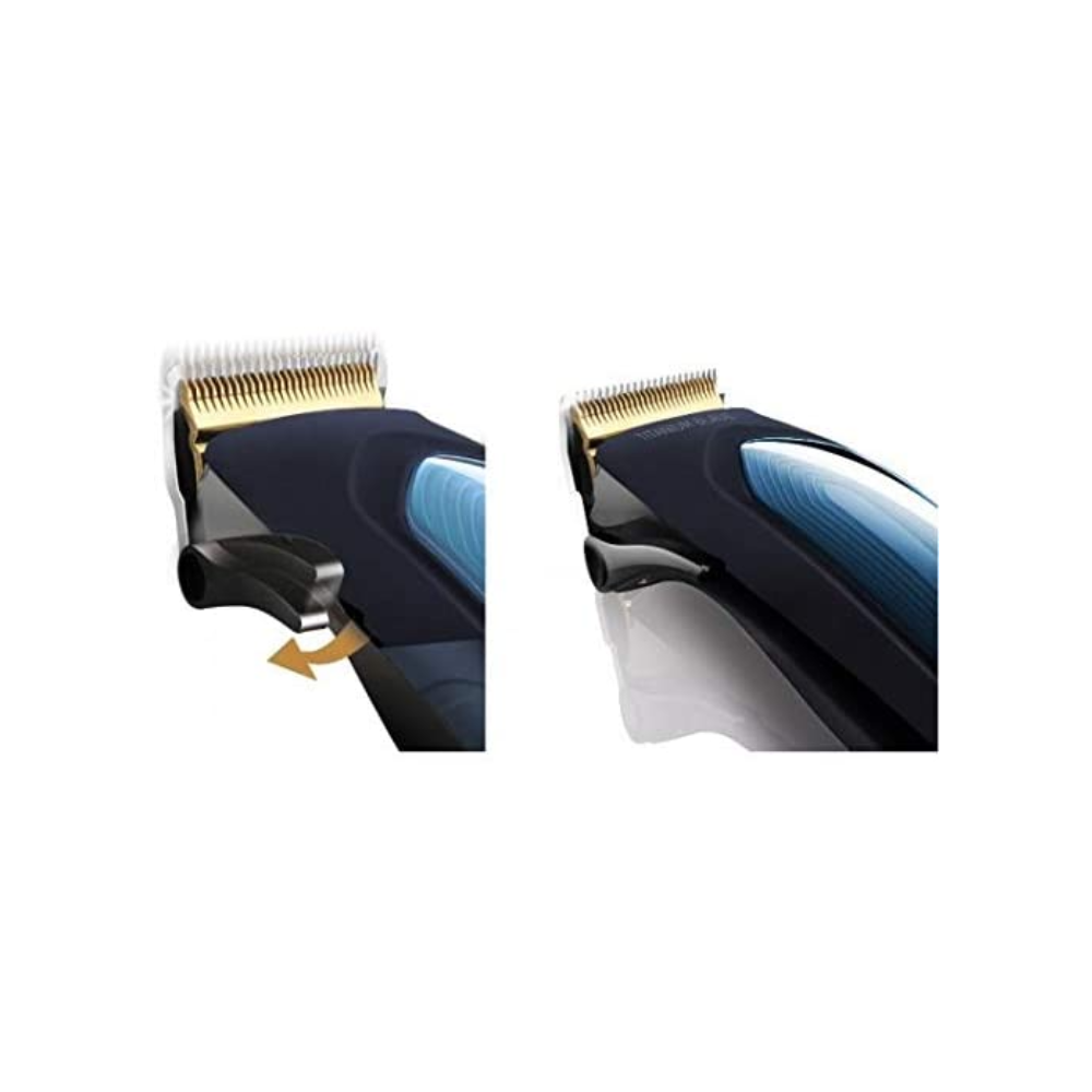 Dos imágenes en primer plano de una cortadora de cabello negra y dorada. La cortadora está en ángulo y detallada.