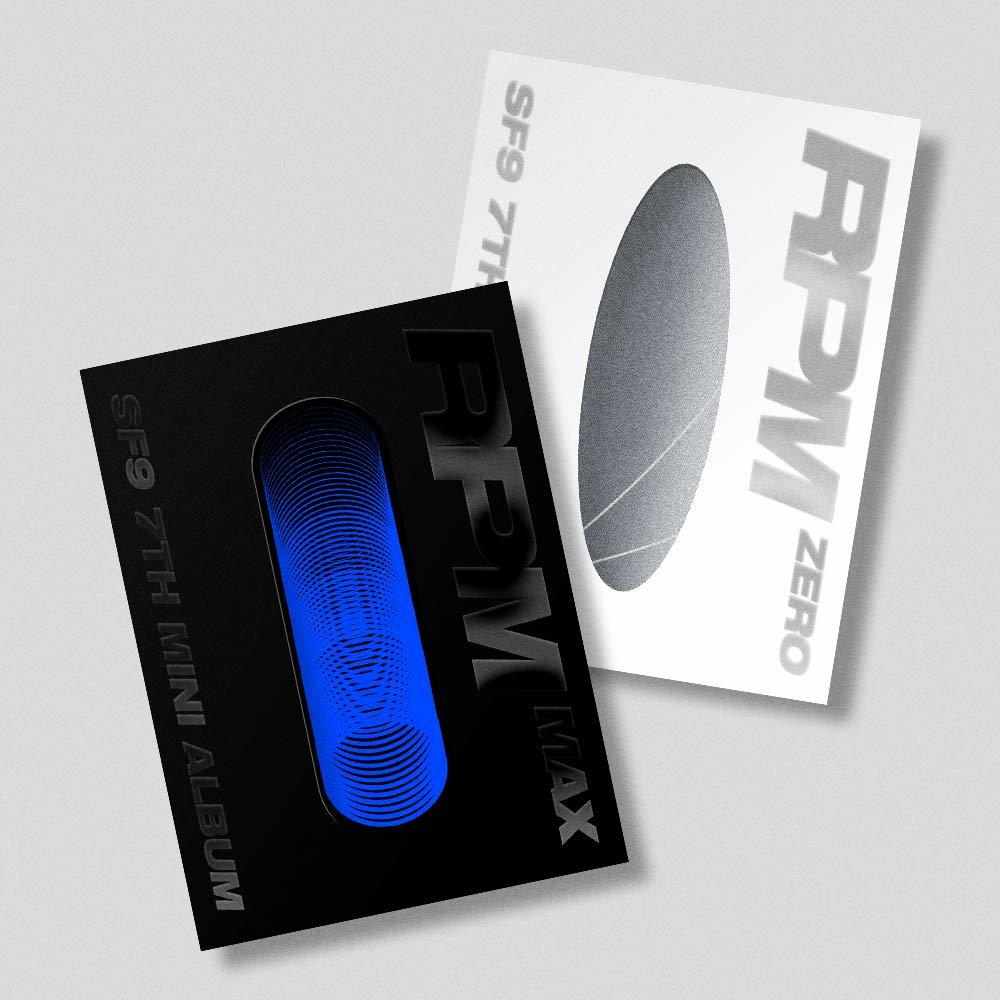 Két album borító, fekete-fehér, 'RPM MAX' és SF9 7TH MINI ALBUM felirattal.