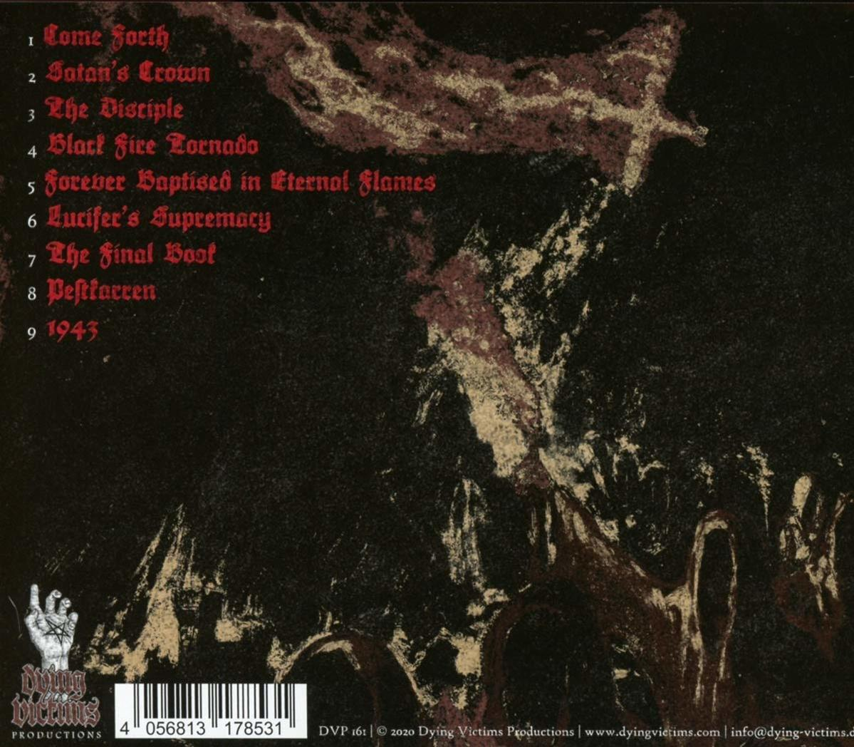 CD-Hülle mit Titelliste. Es ist dunkel mit einem Kreuz und Text. Das Logo von Dying Victims Productions ist unten.