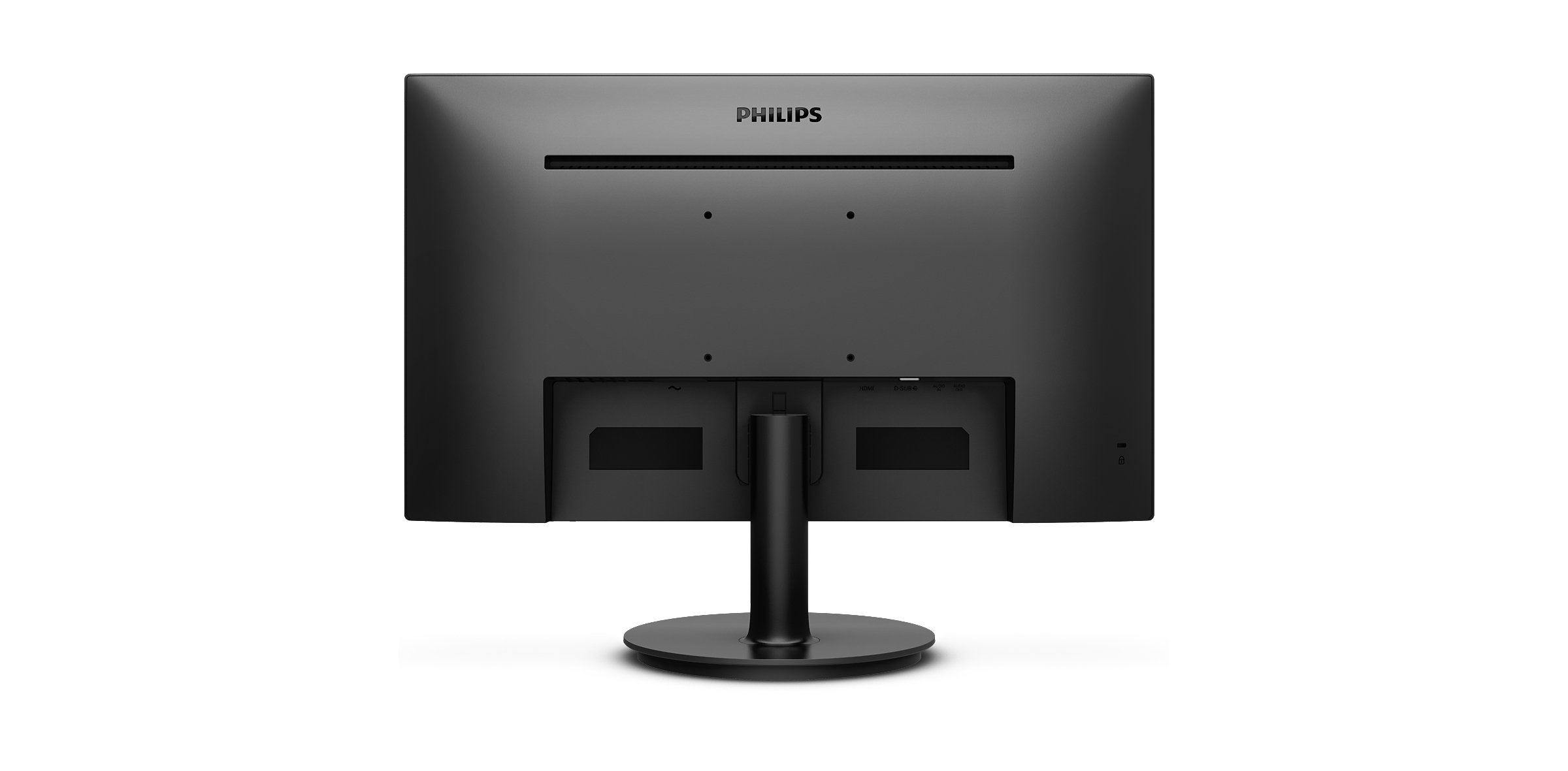 Rückseite eines schwarzen Philips Monitors. Ständer und Anschlüsse sind sichtbar.