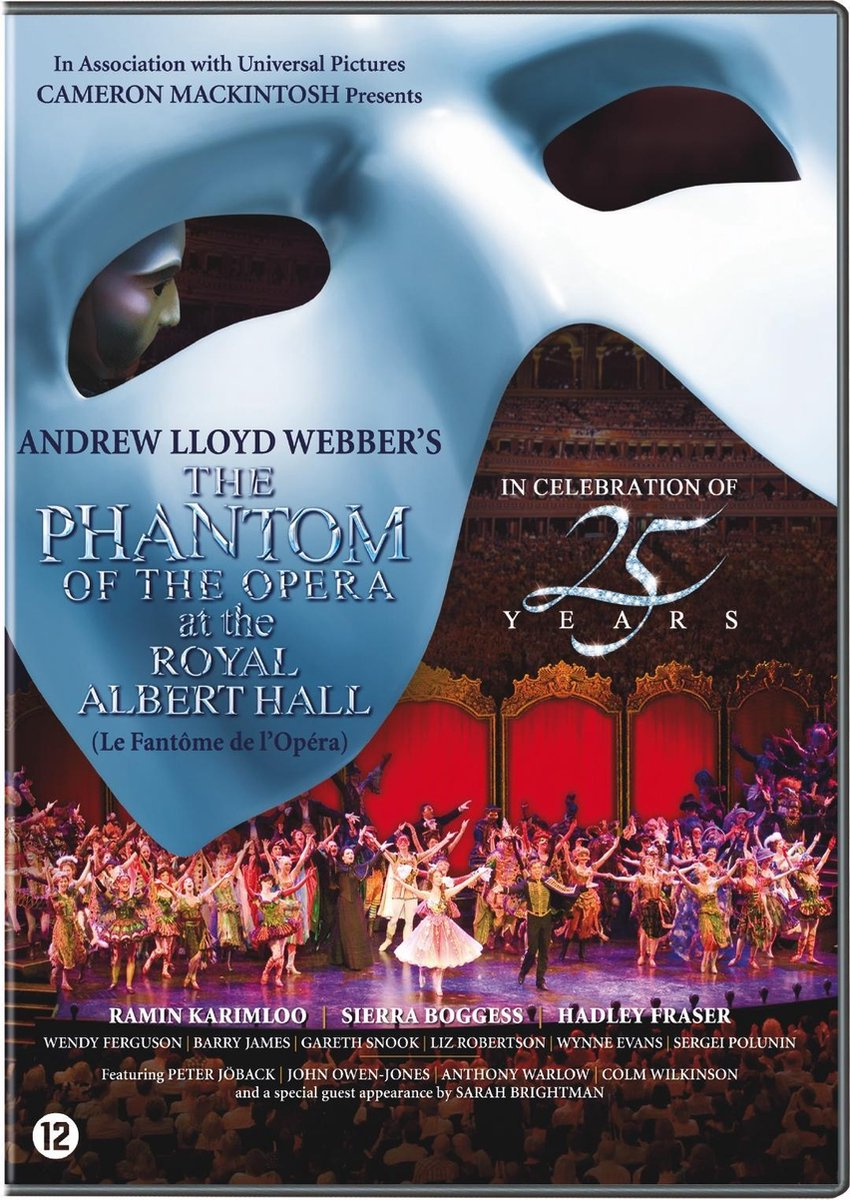Pochette de DVD avec une scène de théâtre avec des artistes. Le texte dit 'The Phantom of the Opera'.