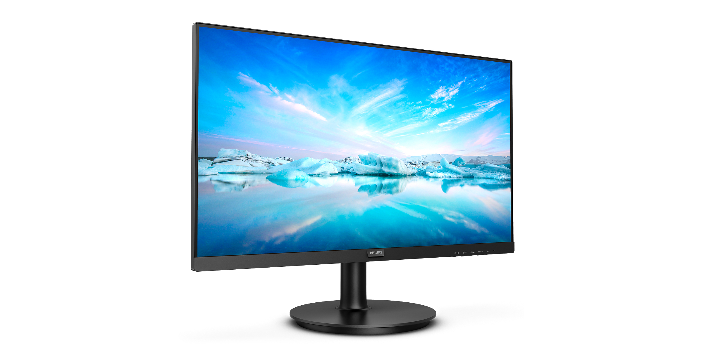 Monitor mit blauem Himmel und Eisbergen im Hintergrund. Schwarzer Fuß und Rahmen.