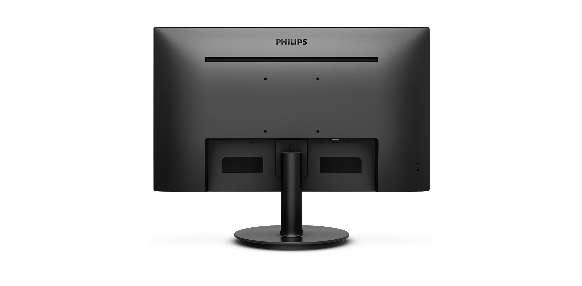 Rückseite eines schwarzen Philips-Monitors auf weißem Hintergrund, Anschlüsse und Ständer.
