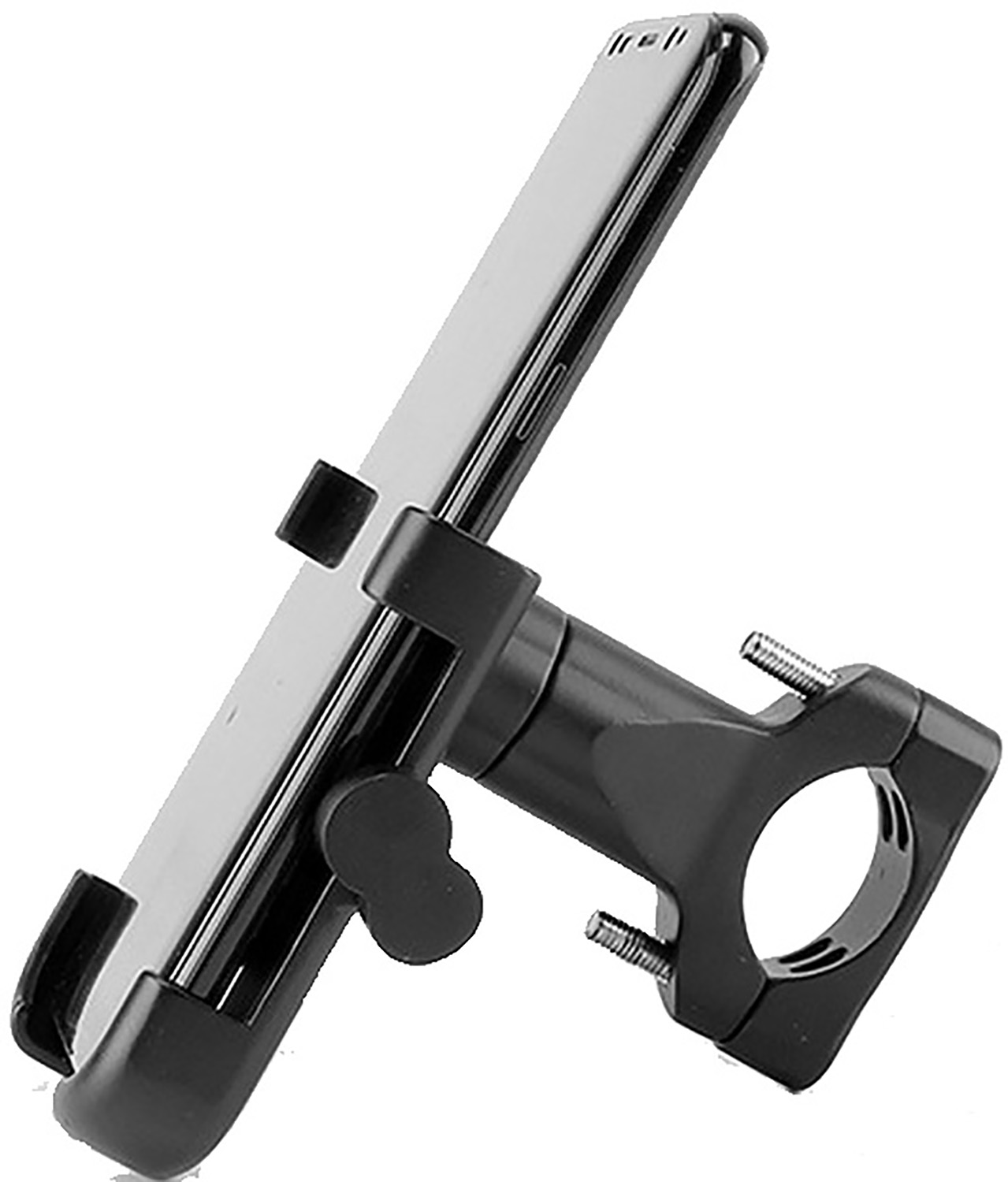 Support de téléphone noir pour vélo, fixé au guidon, sur blanc.