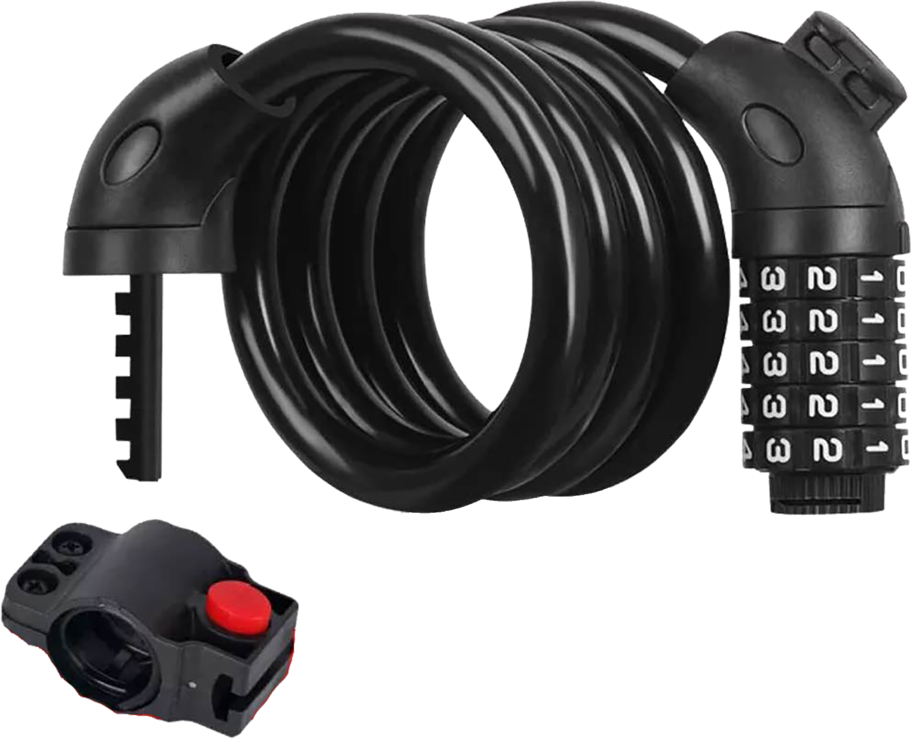 Antivol de vélo noir avec câble en spirale, clé et cadran à combinaison.
