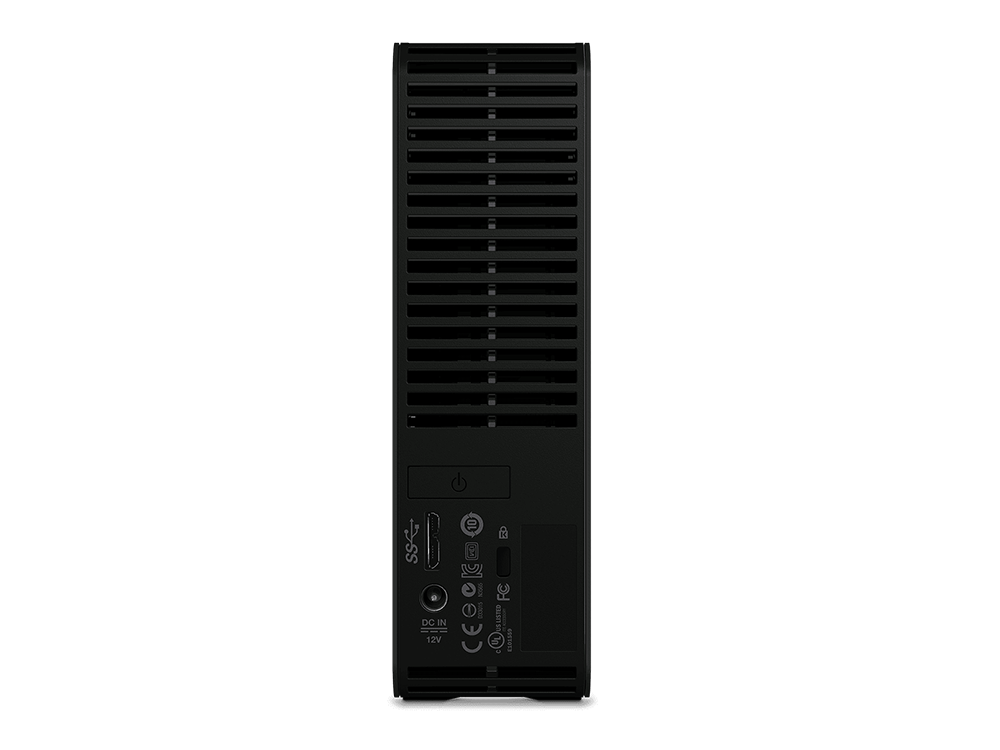 Disco duro externo negro con botón de encendido y puertos.