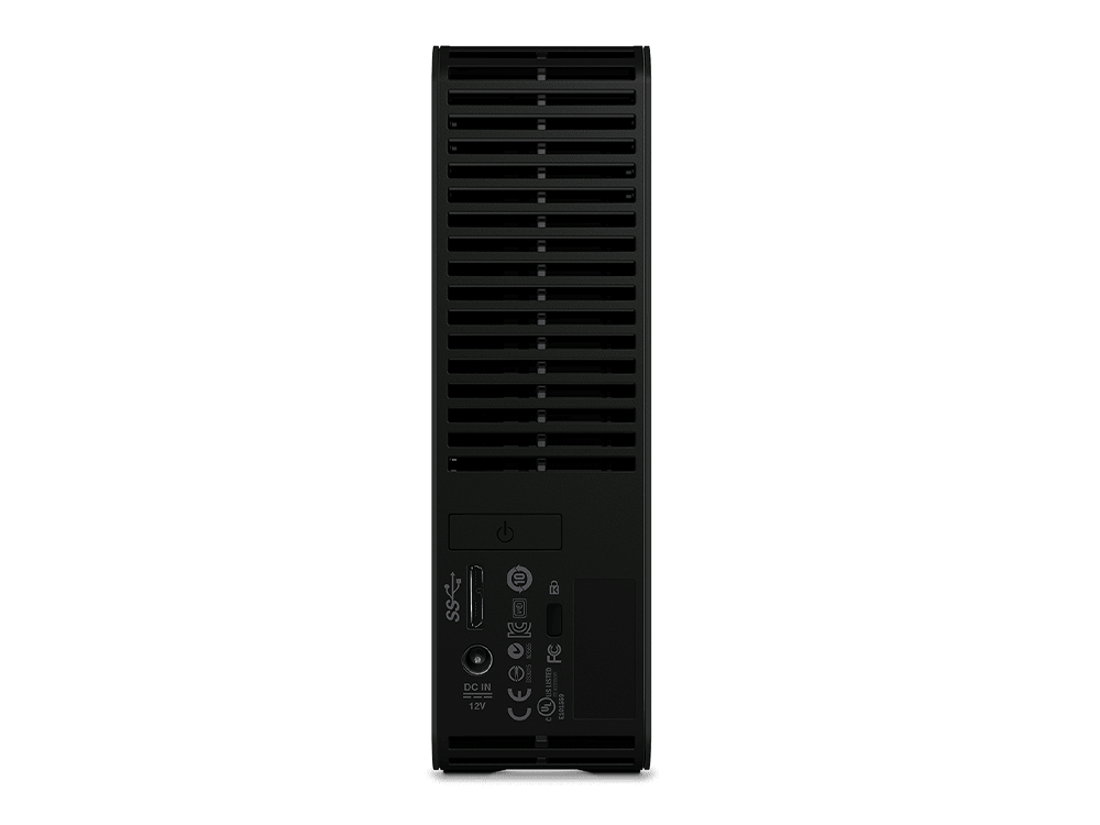 Disco duro externo negro con ventilación, puertos y un botón de encendido.