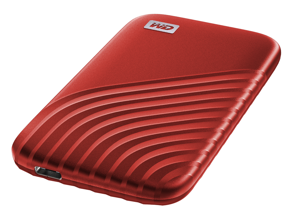 Disco duro externo rojo con logo WD. Tiene un diseño acanalado.