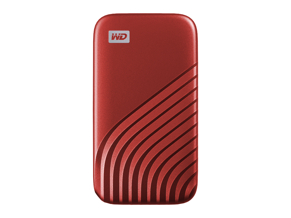 Disco duro externo WD rojo con líneas curvas sobre fondo negro.