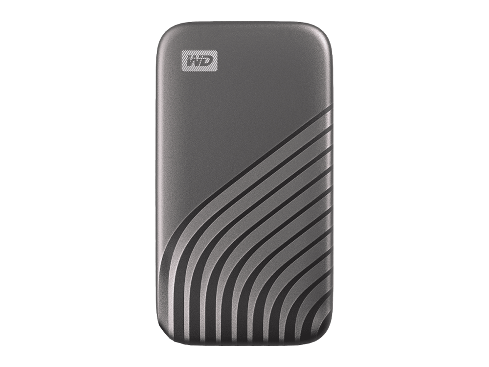 Disco duro externo WD gris oscuro. Forma rectangular con líneas curvas.