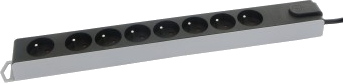 Multiprise argentée et noire avec 8 prises et un bouton d'alimentation. Fond blanc et vue en angle.