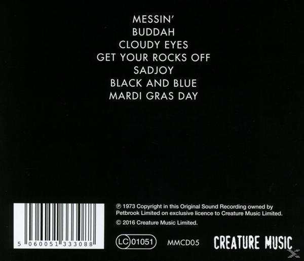 Albumcover mit Titelliste und Text auf schwarzem Hintergrund.
