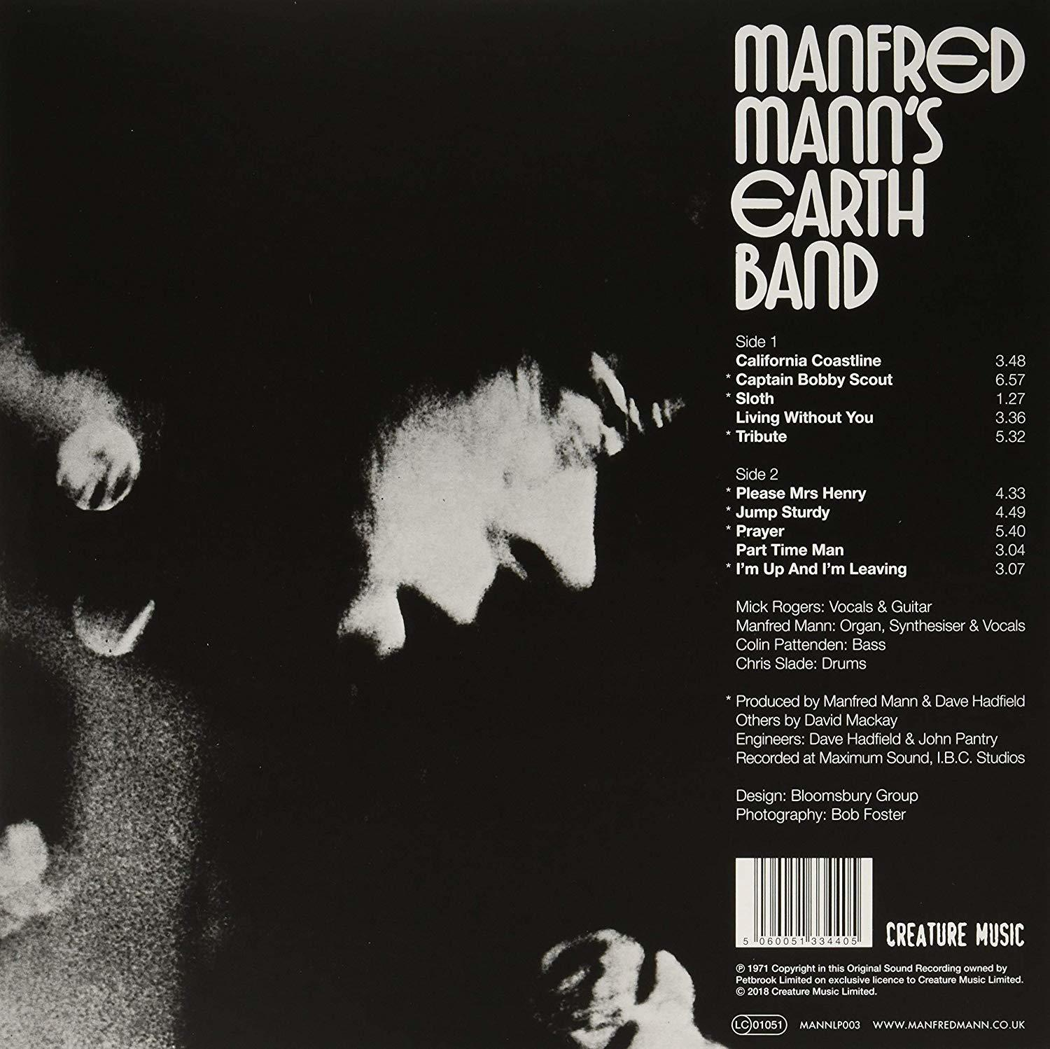 Albumcover für Manfred Mann's Earth Band. Text links, ein Gesicht im Hintergrund.