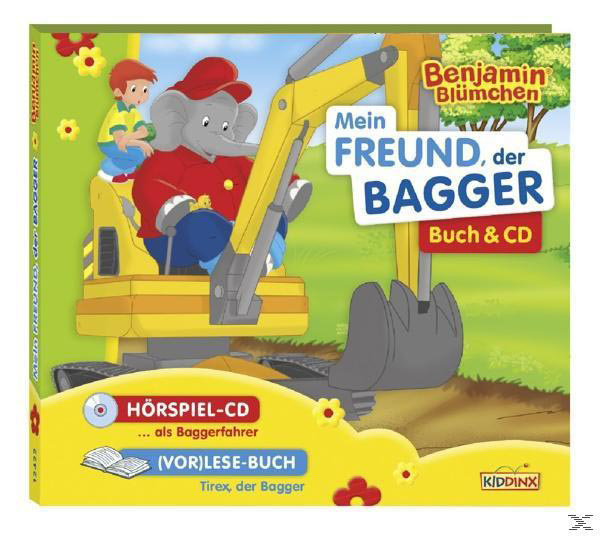 Kinderbuchcover: Benjamin Blümchen, mit einem Elefanten auf einem gelben Bagger. Text deutsch.