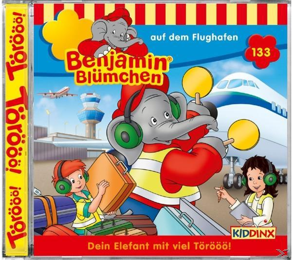 Kinderbuchcover mit Elefant am Flughafen und Kindern.