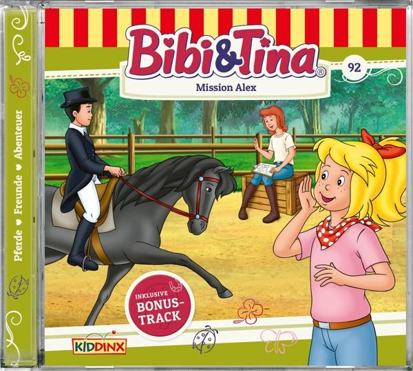 Cartoon-Bild von Bibi & Tina, ein Mädchen auf einem Pferd, zwei weitere Charaktere und Text.