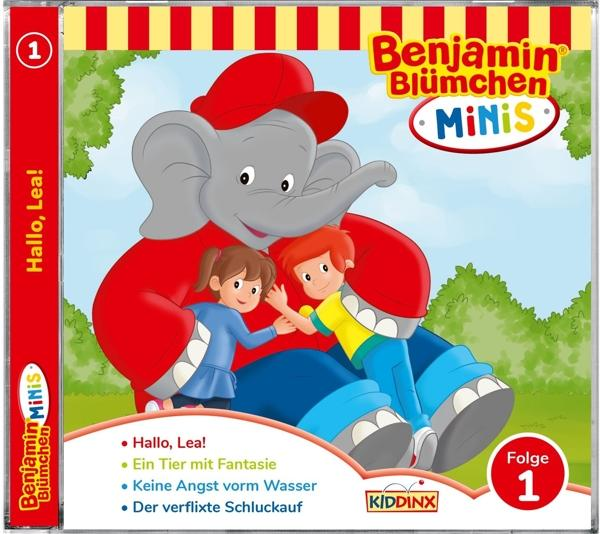 CD-Cover: Benjamin Blümchen Cartoon. Ein Elefant, zwei Kinder. Text auf Deutsch. Rote, gelbe und blaue Farben.