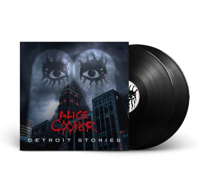 Album borító Detroit városával és Alice Cooper szöveggel, bakelit lemezekkel.