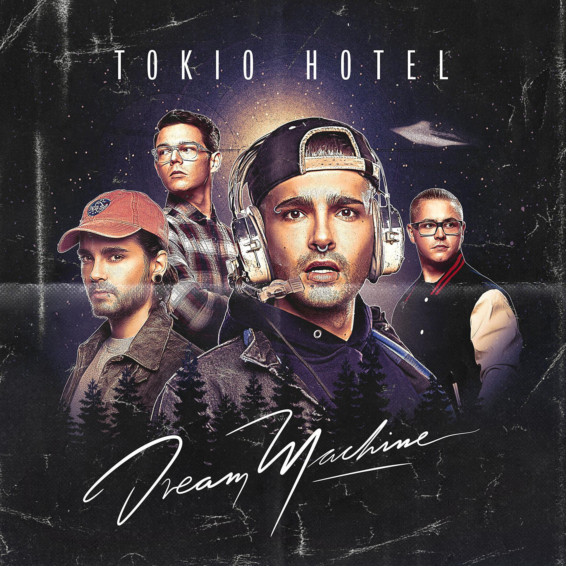 Albumcover mit vier Männern der Band TOKIO HOTEL, mit dem Text 'Dream Machine'.