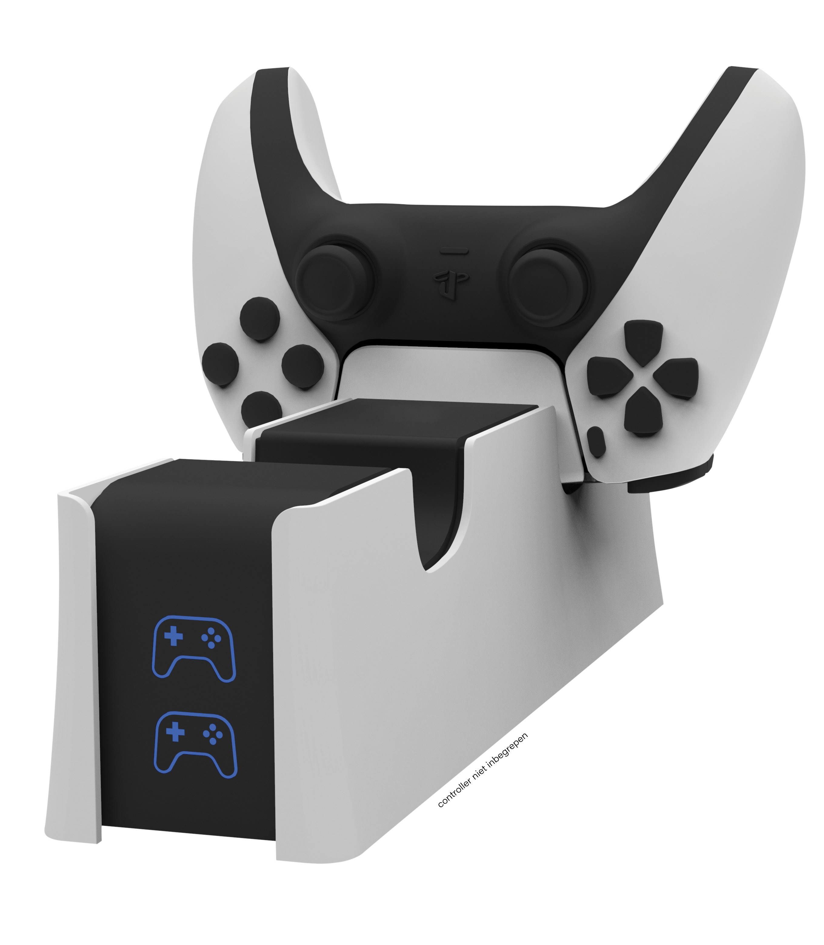 White and black PlayStation 5 controller charger. Features controller icons.