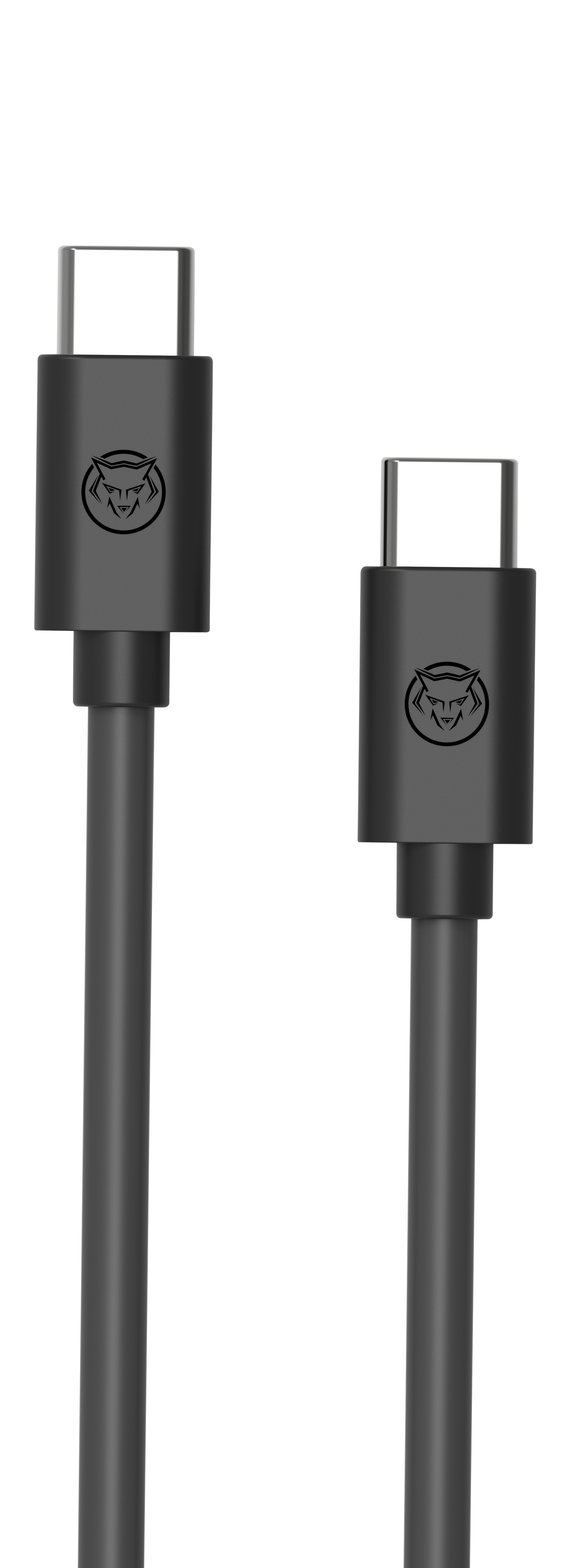 Two black USB-C cables with logos on the connectors, against a white background.