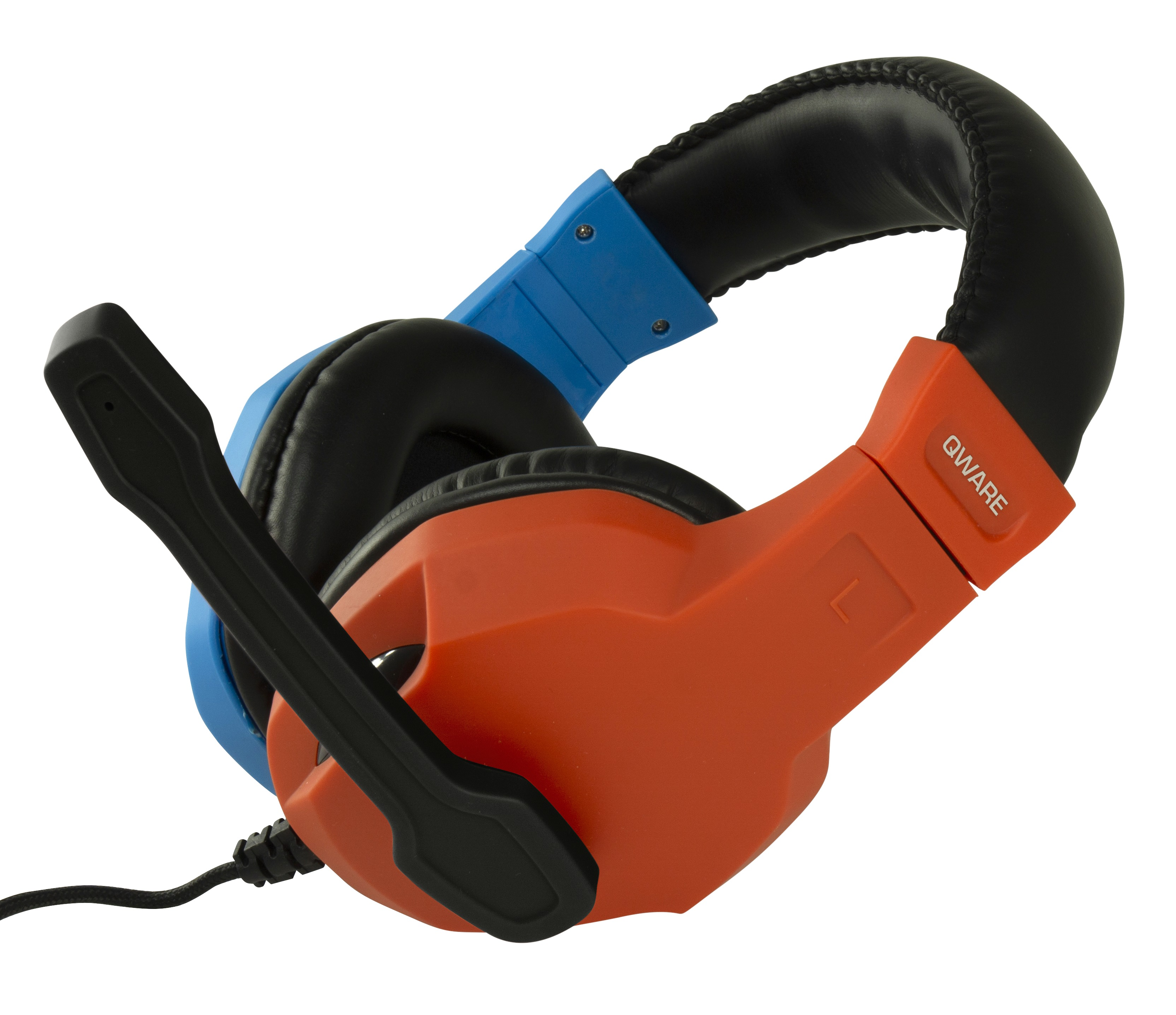 Blauwe en oranje gaming hoofdtelefoon met zwarte microfoon, geïsoleerd.