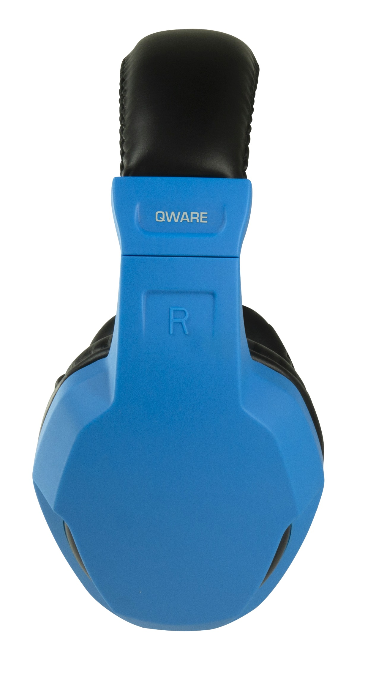 Blauwe en zwarte hoofdtelefoon, de letter R is zichtbaar aan de rechterkant.