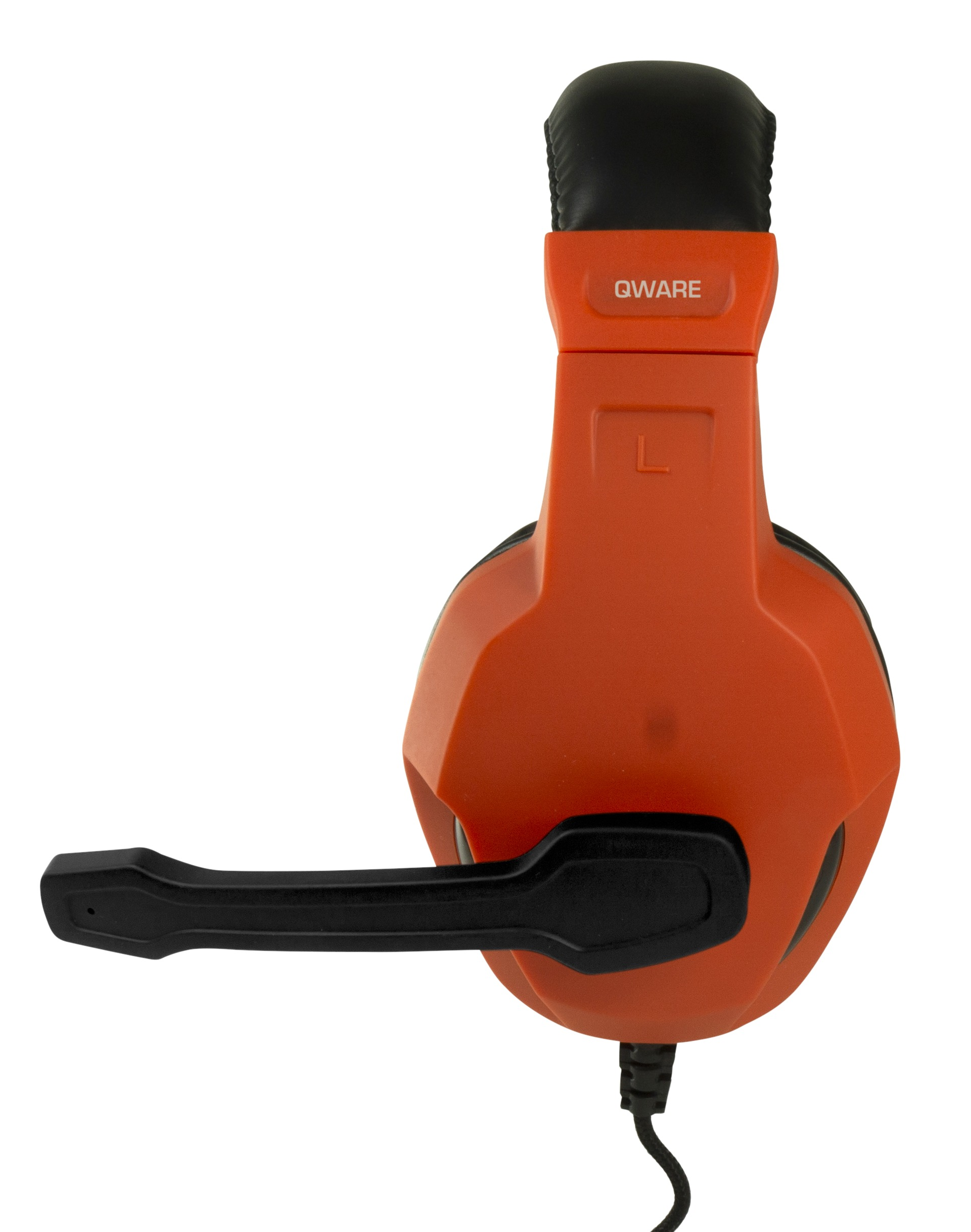 Oranje en zwarte gamingheadset met microfoon op een witte achtergrond.