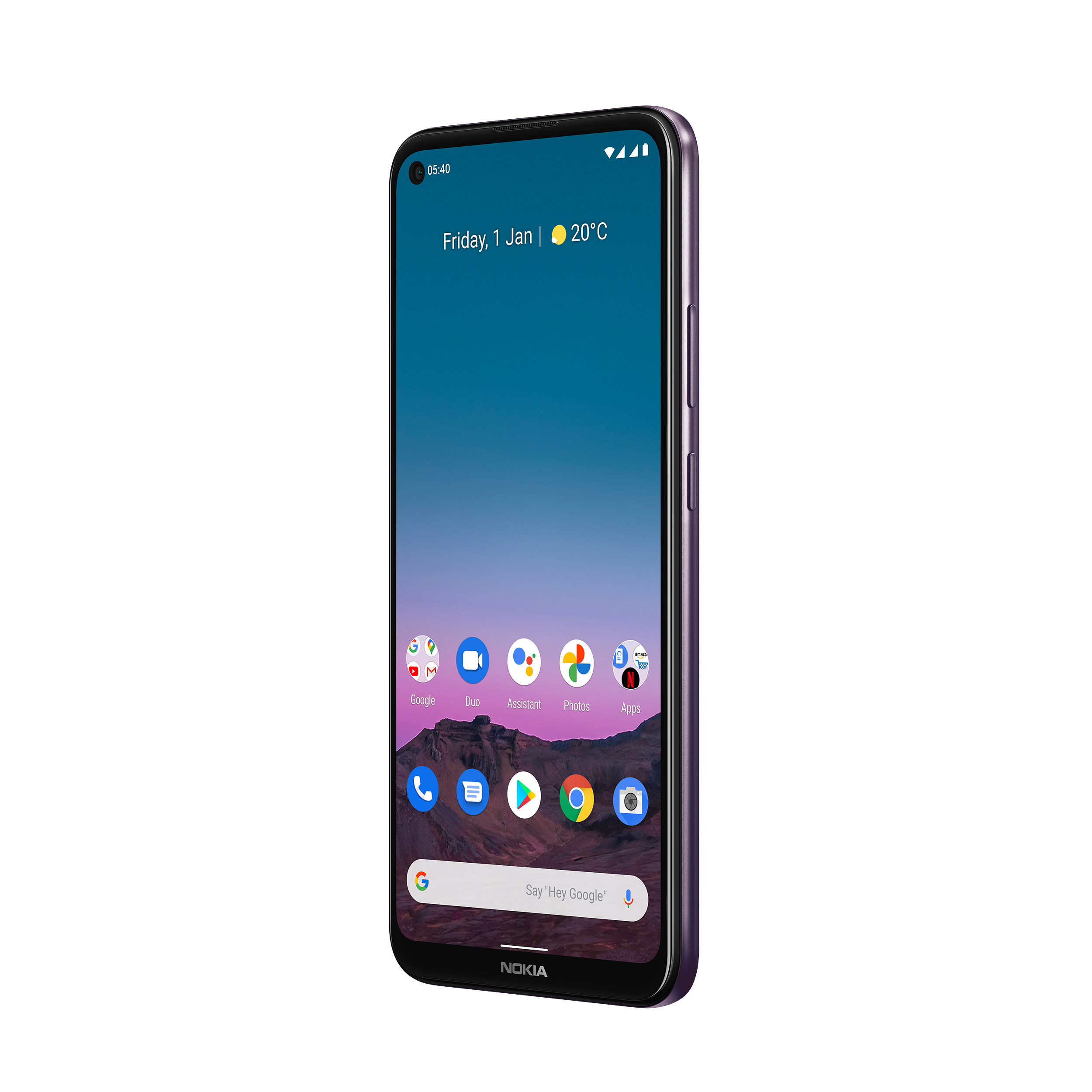 Ein Nokia-Smartphone mit lila Rahmen, das Datum, die Uhrzeit und App-Symbole auf dem Bildschirm anzeigt.
